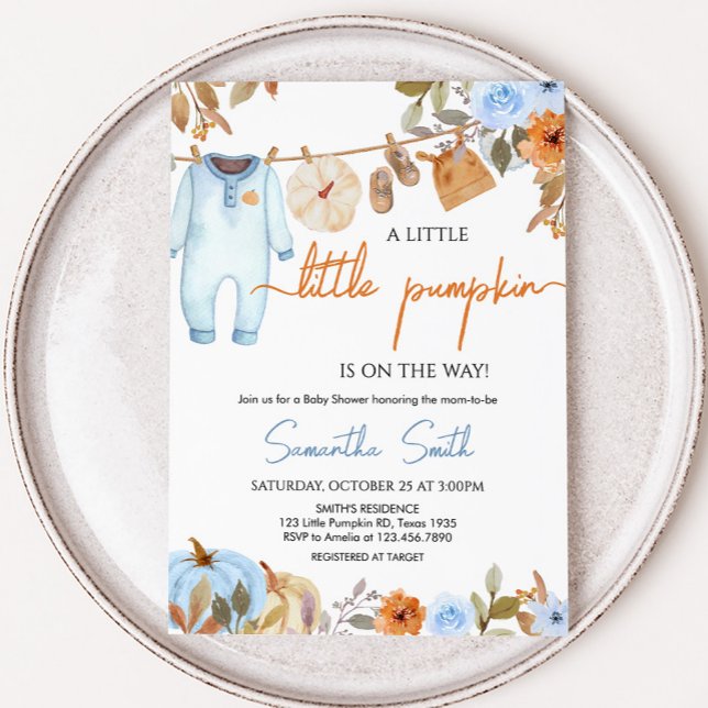 Blue Autumn Floral Pumpkin Baby Dusche Einladung (Blue Autumn Floral Little Pumpkin Clothesline Baby Shower Invitation)