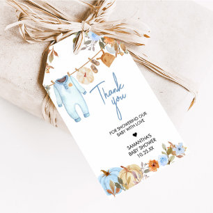 Blue Autumn Floral Pumpkin Baby Shower Fevor Tags Geschenkanhänger