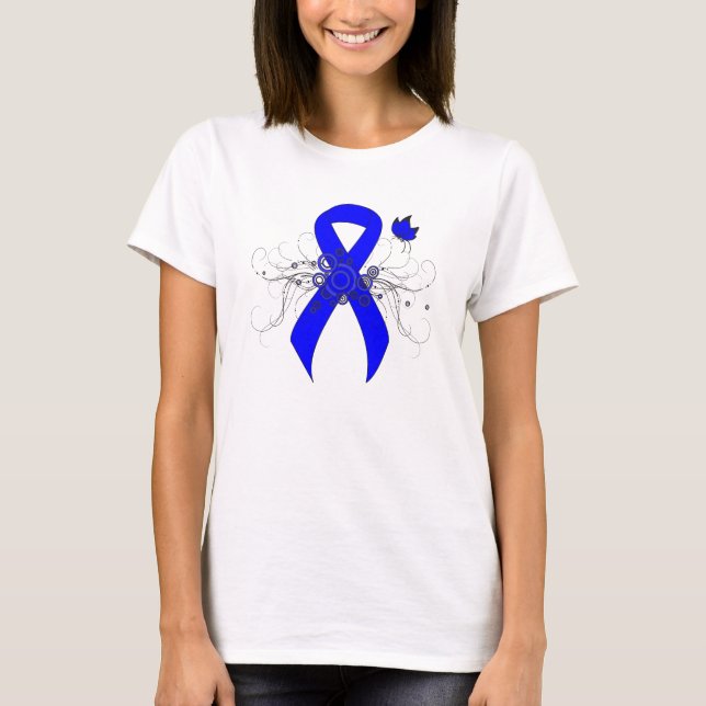 Blue Awareness Ribbon mit Butterfly T-Shirt (Vorderseite)