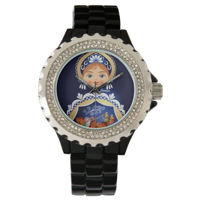 Blue Babushka Matryoshka Russian Doll Watch Armbanduhr (Vorderseite)