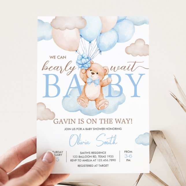 Blue Baby Bear Balloon Baby Dusche Einladung (Blue Bearly Wait Baby Bear Balloon Baby Shower Invitation)