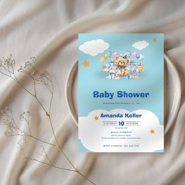Blue Baby Bear in Clouds Baby Shower Einladung (Von Creator hochgeladen)