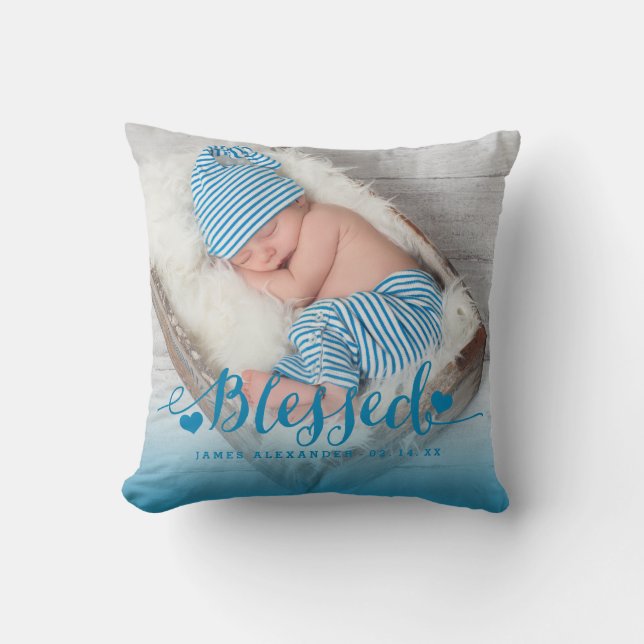 Blue Baby Birth Foto Keepake Throw Kissen (Vorderseite)
