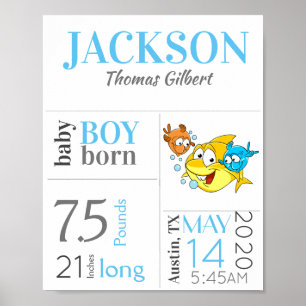Blue Baby Birth Stat Sign mit Baby Shark Poster
