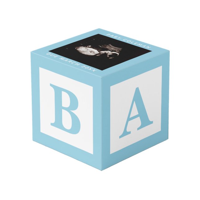 Blue Baby Block Sonogram Pregnancy Keepake Foto Würfel (Vorderseite Schrägansicht)