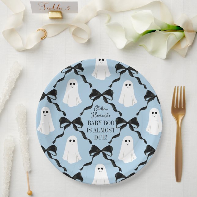 Blue Baby Boo Almost Due Geister und Black Bows Pappteller (Hochzeit)