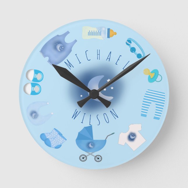 Blue Baby Boy Baby Stuffs Name Wall Clock Runde Wanduhr (Vorderseite)