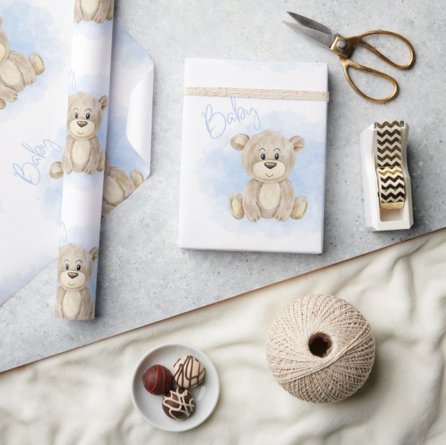 Blue Baby Boy Bear Baby Dusche Geschenkpapier (Kunsthandwerk)