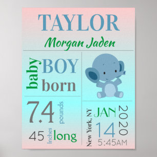 Blue Baby Boy Birth Stat Schild mit Elephant