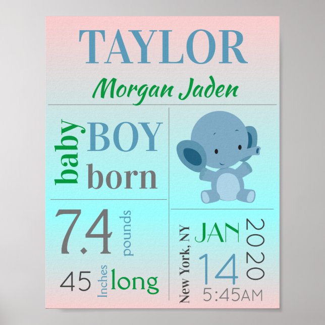 Blue Baby Boy Birth Stat Schild mit Elephant (Vorne)