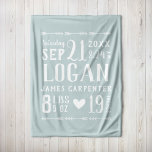 Blue Baby Boy Birth Stats Keepake Fleecedecke<br><div class="desc">Moderne rustikale Fleece Babydecke personalisiert mit dem Namen Ihres Babys, Geburtstag, Geburtsdaten oder anderen Sondertexten. Klicken Sie auf die Schaltfläche Anpassen Es, um eine beliebige Hintergrundfarbe auszuwählen, Schriftart anzupassen, Ihren eigenen Text und Ihre eigenen Fotos hinzuzufügen, um Ihr eigenes einzigartiges Design zu erstellen! Ein wunderbares Geschenk für neue Eltern oder...</div>
