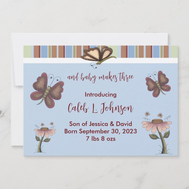 Blue Baby Boy Butterfly Blume Geburtsankündigung Ankündigung (Vorderseite)