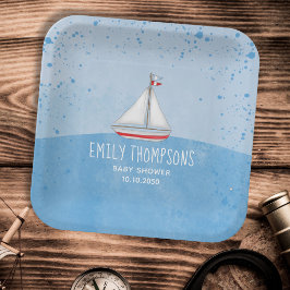 Blue Baby Boy Dusche Wasserfarbe Sailboat Pappteller