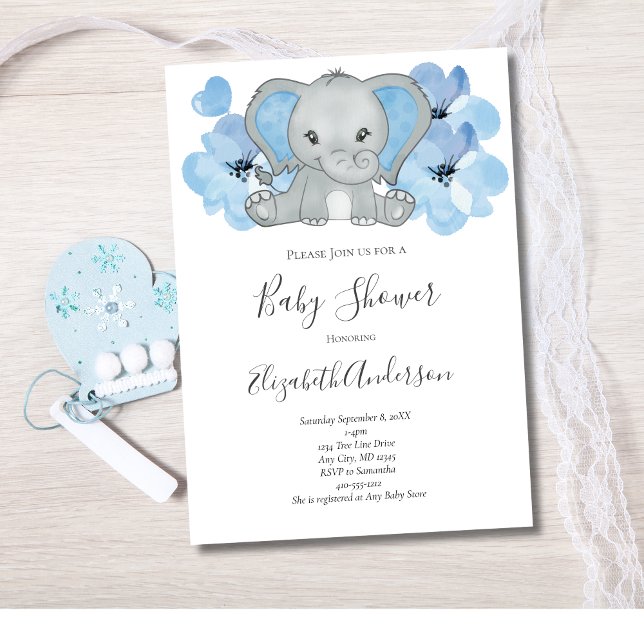 Blue Baby Boy Elephant Baby Dusche Blume Ballon Einladung (Blue and Gray Elephant Baby Boy Baby Shower Invitation)