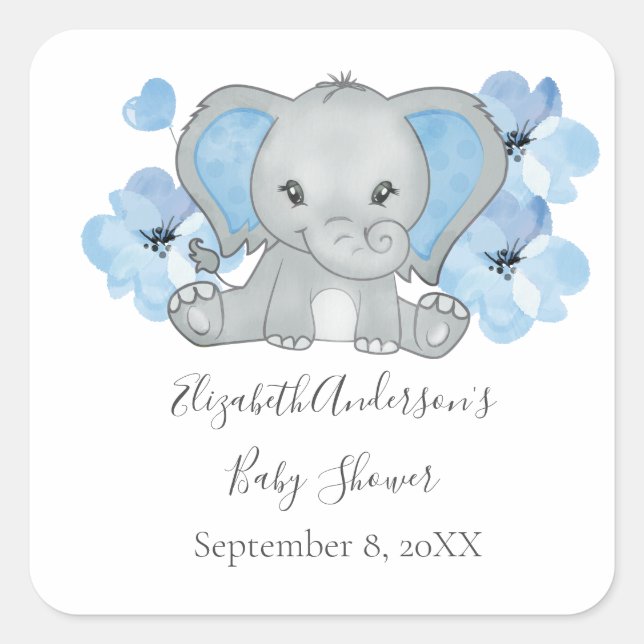 Blue Baby Boy Elephant Baby Dusche Blume Ballon Quadratischer Aufkleber (Vorderseite)