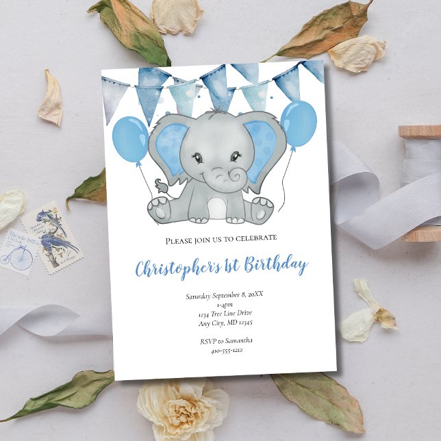 Blue Baby Boy Elephant Balloon 1. Geburtstag Einladung (Blue Elephant Balloons Banner 1st Birthday Invitation for Baby Boy)