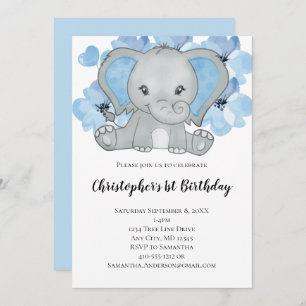 Blue Baby Boy Elephant Blume Balloons Geburtstag Einladung
