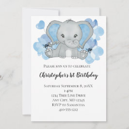 Blue Baby Boy Elephant Blume Balloons Geburtstag I Einladung