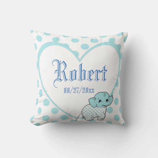 Blue Baby Boy Elephant Herz und Polka Dots Kissen (Vorderseite)