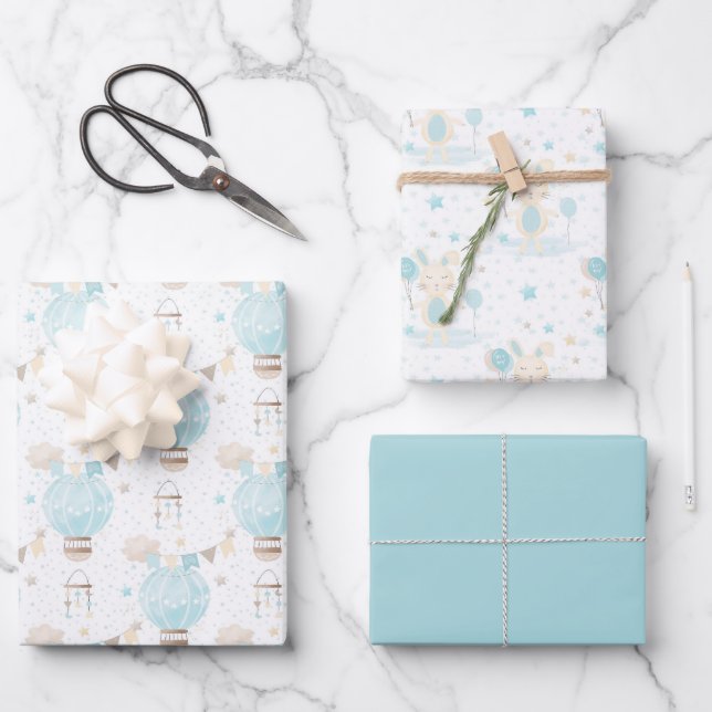 Blue Baby Boy Hot Air Balloons und Rabbit Geschenkpapier Set (Vorderseite)