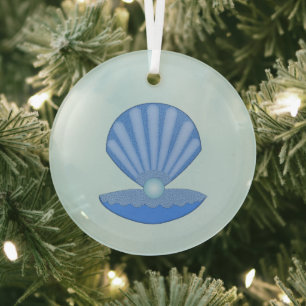 Blue Baby Boy Oyster Muschel and Pearl Ornament Aus Glas
