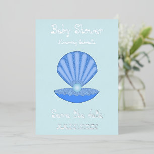 Blue Baby Boy Oyster Muschel und Pearl Baby Dusche Folien Feiertagskarte