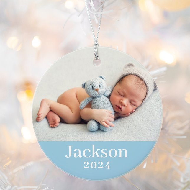 Blue Baby Boy Personalisiert Name Foto Ornament (Von Creator hochgeladen)