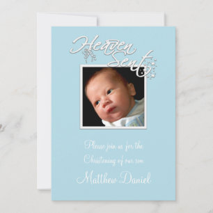 Blue Baby Boy Photo Christening Einladung