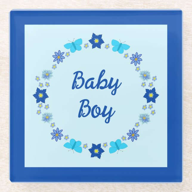 Blue Baby Boy Schmetterlinge und Blume Custom Glasuntersetzer (Vorderseite)
