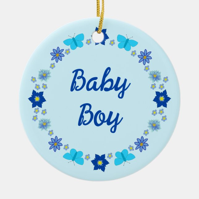 Blue Baby Boy Schmetterlinge und Blume Custom Keramik Ornament (Vorne)