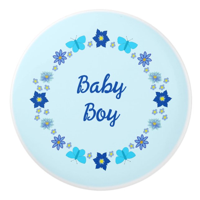 Blue Baby Boy Schmetterlinge und Blume Custom Keramikknauf (Vorderseite)