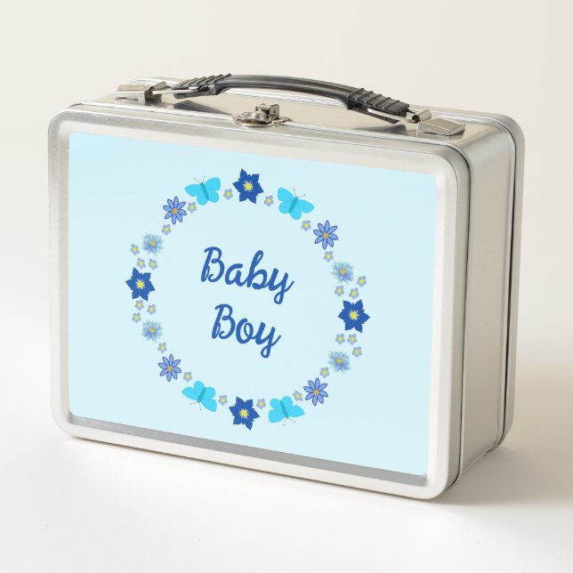 Blue Baby Boy Schmetterlinge und Blume Custom Metall Brotdose (Vorderseite)