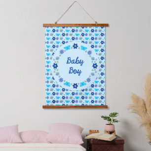 Blue Baby Boy Schmetterlinge und Blume Custom Wandteppich Mit Holzrahmen