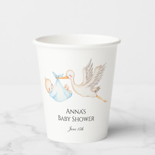 Blue Baby Boy Stork Baby Dusche Pappbecher (Vorderseite)