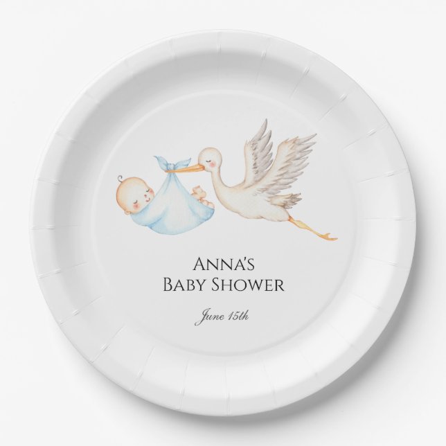 Blue Baby Boy Stork Baby Dusche Pappteller (Vorderseite)
