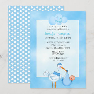 Blue Baby Boy Stork Shower Einladungen