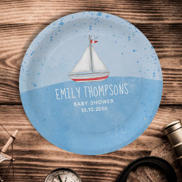Blue Baby Boy Watercolor Sailboat Dusche Custom Pappteller