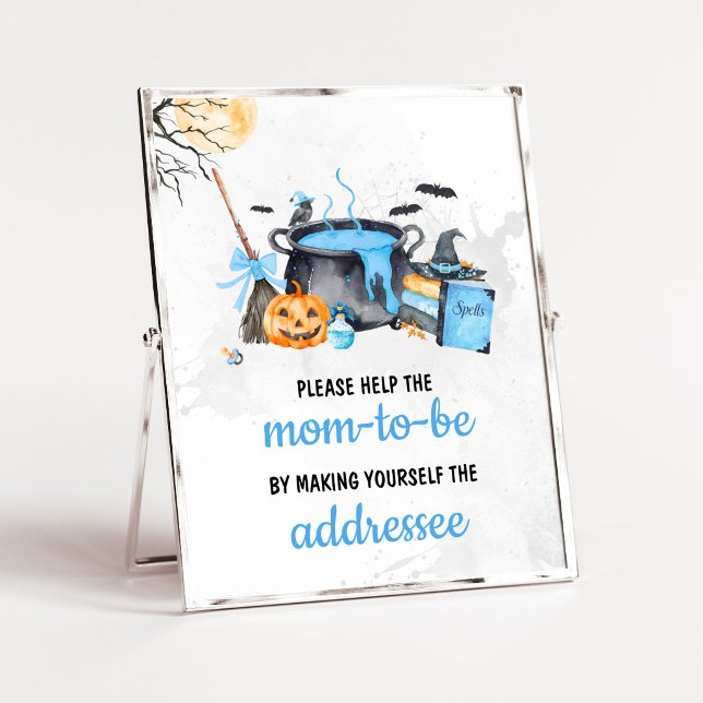Blue Baby braut Envelope Station Schild (Boy Halloween Witch Baby Shower Envelope Station Sign)