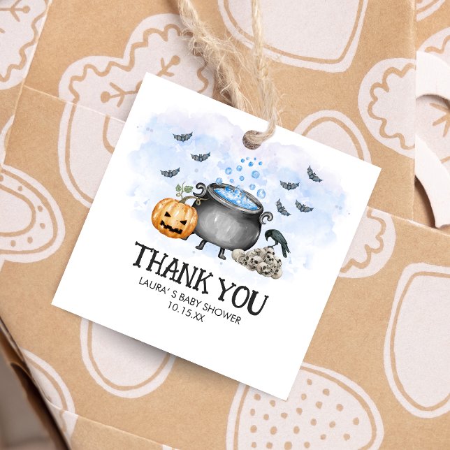 Blue Baby bricht Halloween Baby Shower Square Geschenkanhänger (Blue Baby is Brewing Halloween Baby Shower Square Favor Tags)