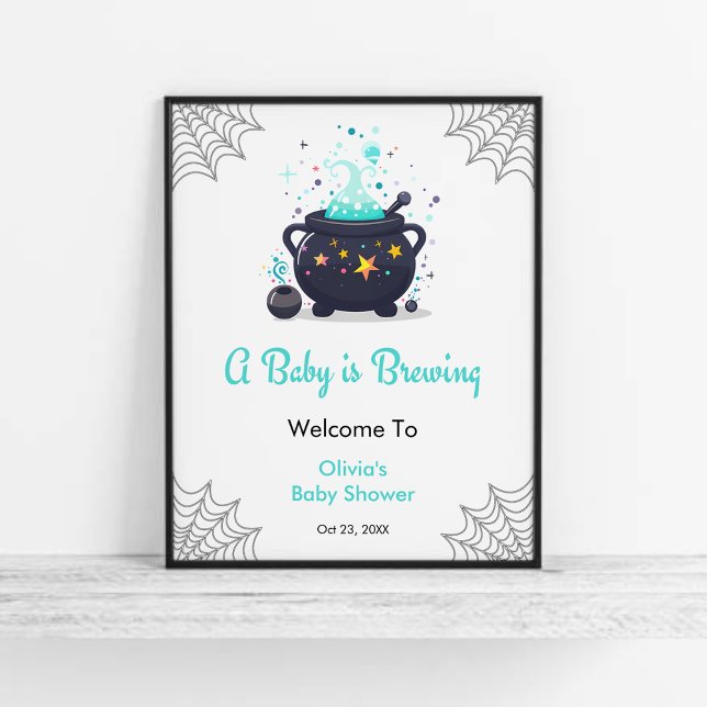 Blue Baby brütet Halloween Baby Dusche Begrüßung Poster (Blue A Baby is Brewing Cauldron Halloween Boy Baby Shower Welcome Sign  )