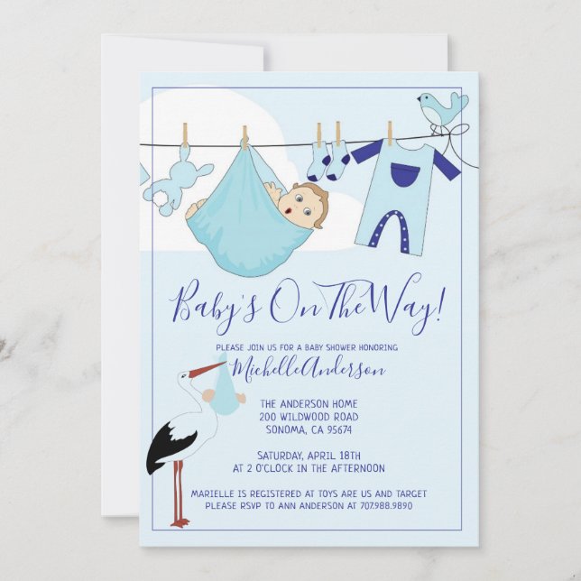 Blue Baby Bundle on Clothesline Baby Shower Einladung (Vorderseite)