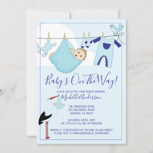 Blue Baby Bundle on Clothesline Baby Shower Einladung