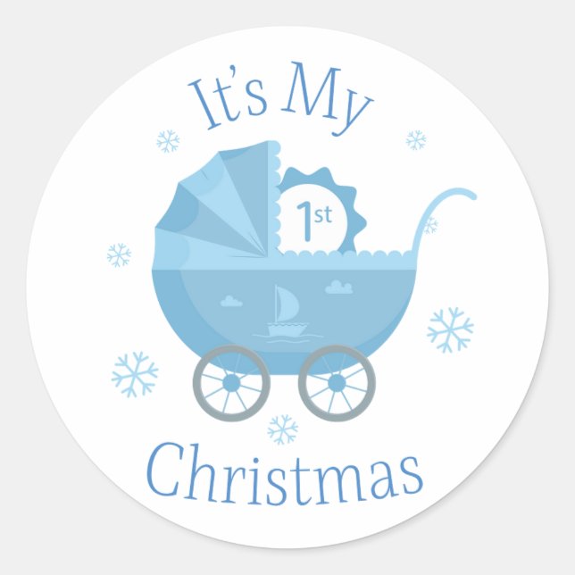 Blue Baby Carriage First Christmas Runder Aufkleber (Vorderseite)