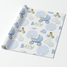 Blue Baby Carriage Watercolor Babydusche Geschenkpapier