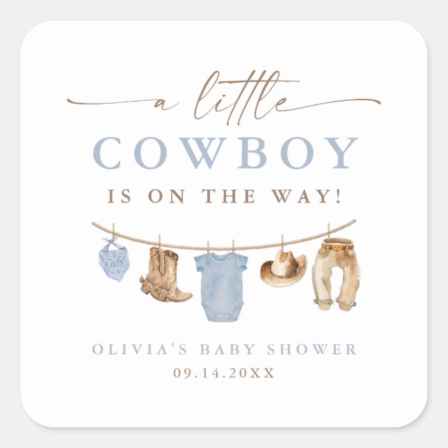 Blue Baby Clothesline Little Cowboy Baby Shower Quadratischer Aufkleber (Vorderseite)