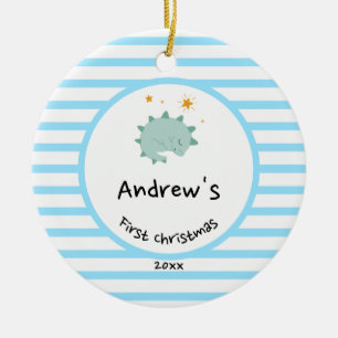 Blue Baby Dino First Christmas Baby Blue Strip Keramik Ornament