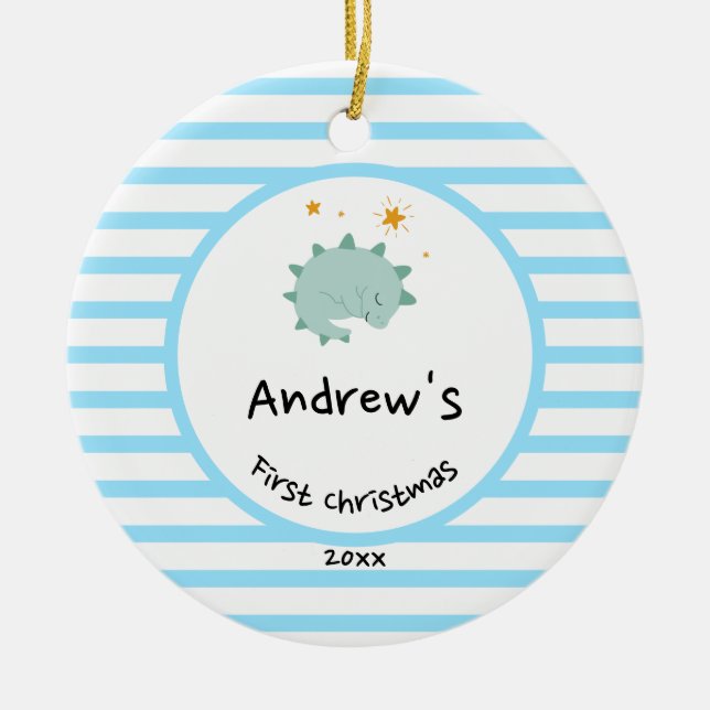 Blue Baby Dino | First Christmas Baby Blue Strip Keramik Ornament (Vorne)