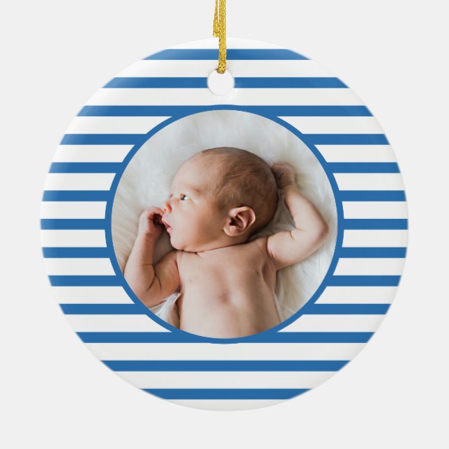 Blue Baby Dino | First Christmas Blue Stripe Chic Keramik Ornament (Hinten)
