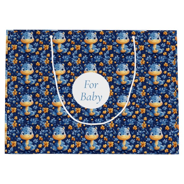 Blue Baby Dinosaurier Yellow & Blue Blumen Große Geschenktüte (Vorderseite)