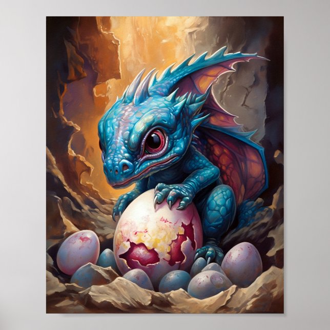Blue Baby Dragon mit Hatchling Poster (Vorne)